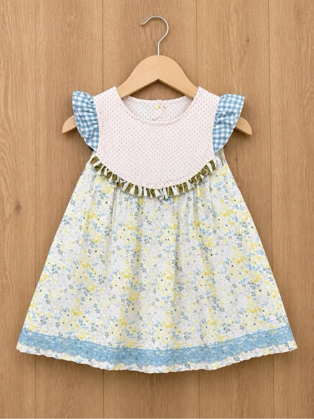 Matilda Jane Platinum Girls Size 8 Floral Dress Blue Gingham Flutter Sleeve Lace
